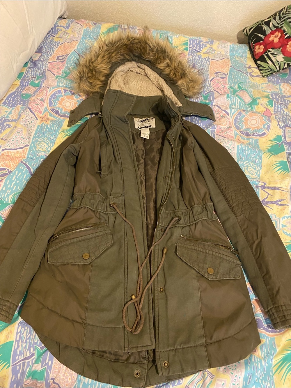 American Rag Olive Utility Parka with Faux Fur Trim